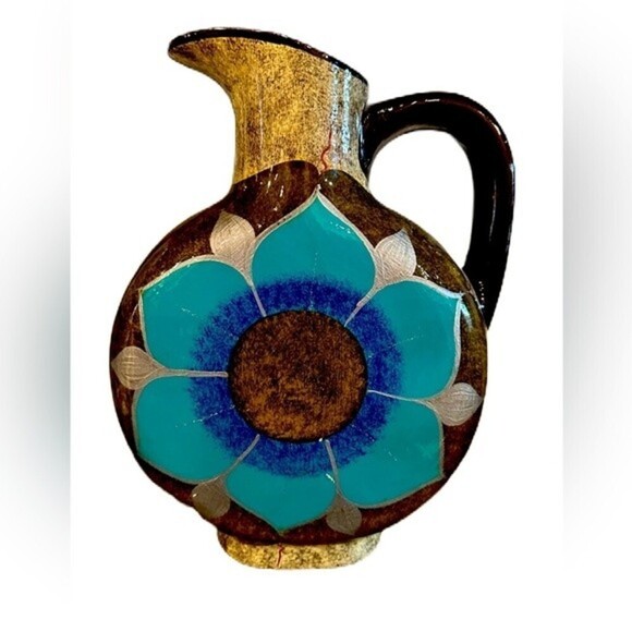 Mexican Cabo San Lucas Clay Pottery‎ Floral Turquoise Pattern Pitcher By Domingo - Picture 3 of 12
